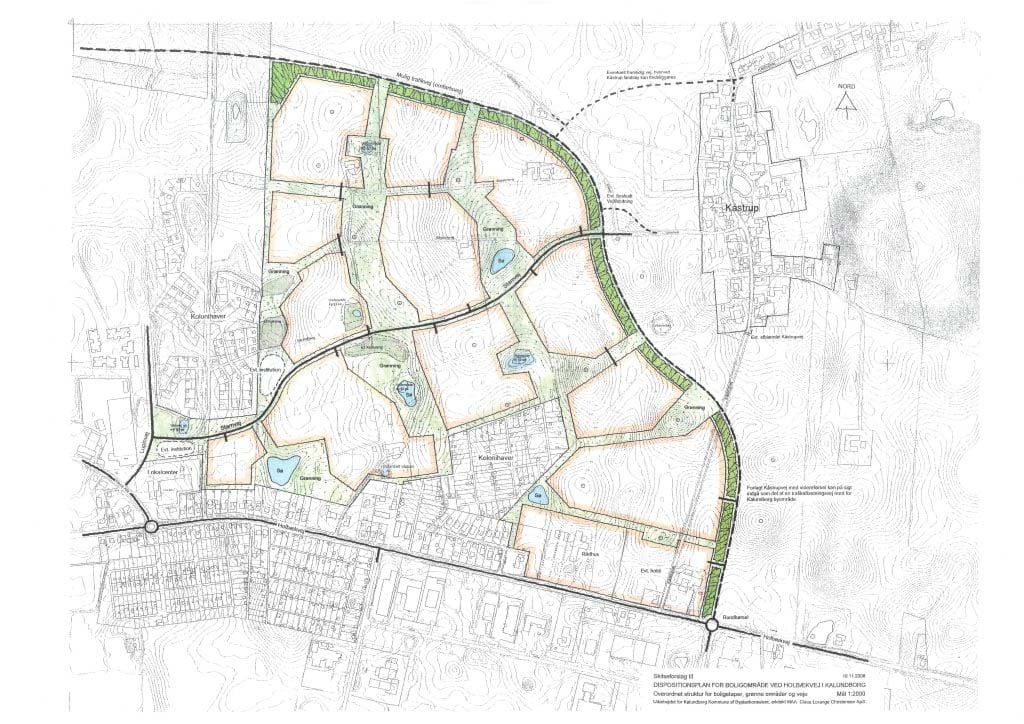 Tegning med dispositionsplan for området mellem Klosterlunden og Kåstrup